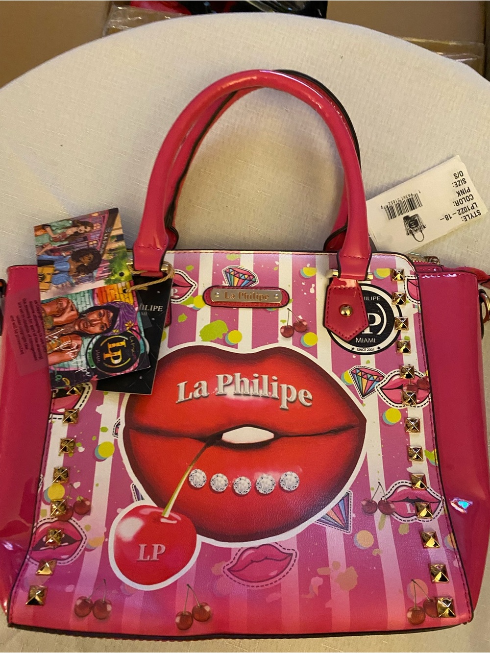 Pink Graphic Lip-Print Satchel